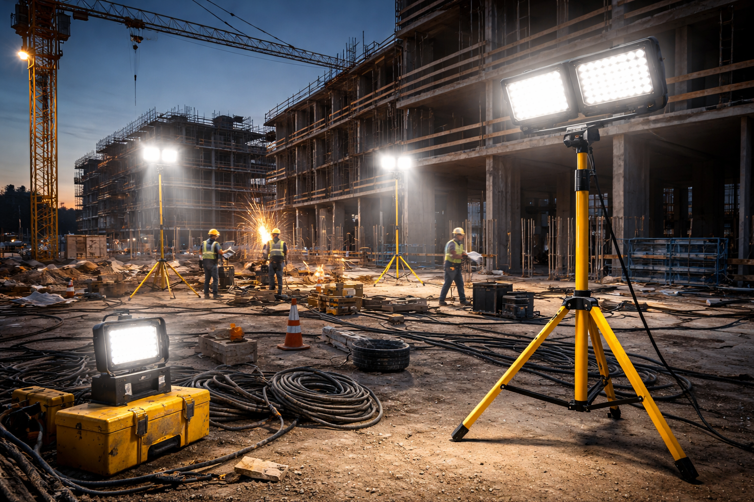 Professionele werfverlichting met LED worklights op statief op actieve bouwplaats bij schemering
