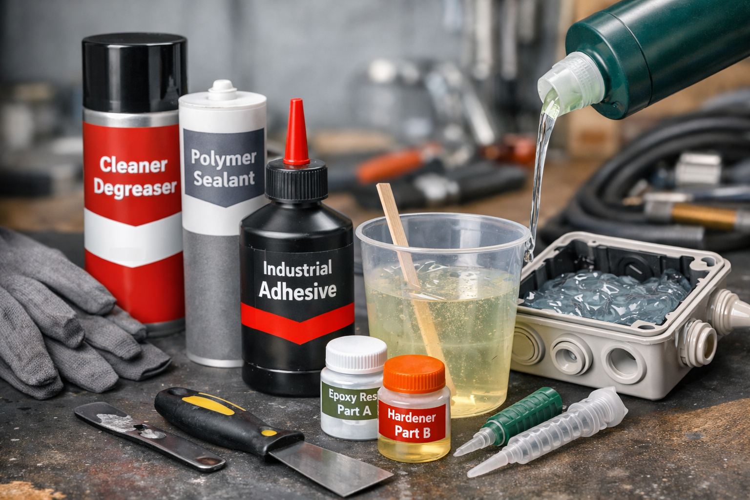 Chemische producten en verbruiksmaterialen voor professionele installaties zoals reinigers, ontvetters, lijmen, kitten en gietgels