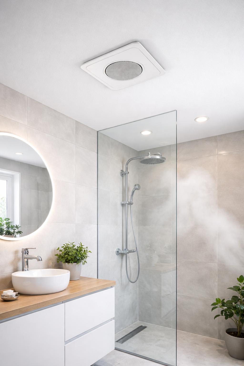 Badkamerventilator in plafond van moderne badkamer