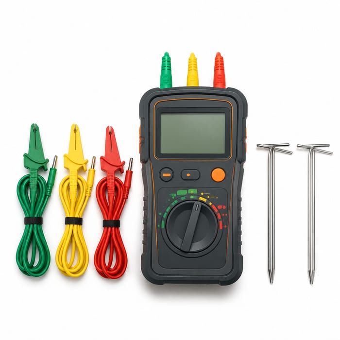 Aardingsmeter met meetsnoeren en aardpennen voor aardingsmetingen