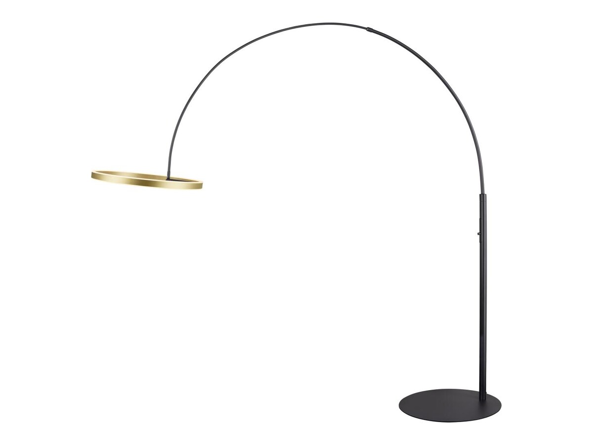Zwarte gebogen vloerlamp met goudkleurige lichtring
