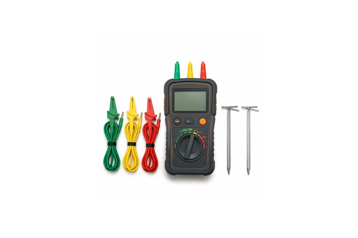 Aardingsmeter met meetkabels en aardpennen