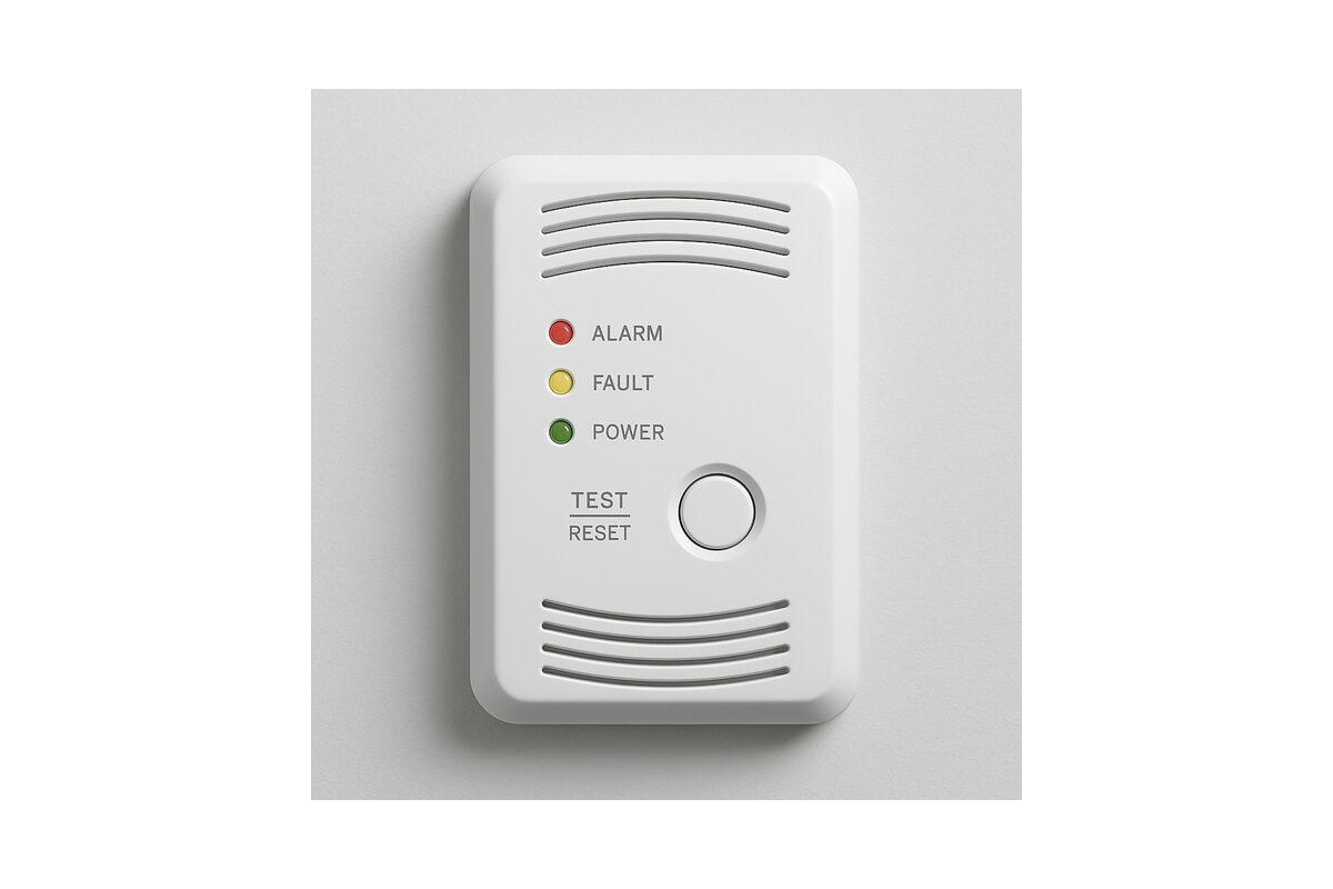 Witte gasdetector met alarm-, storings- en voedingsindicator