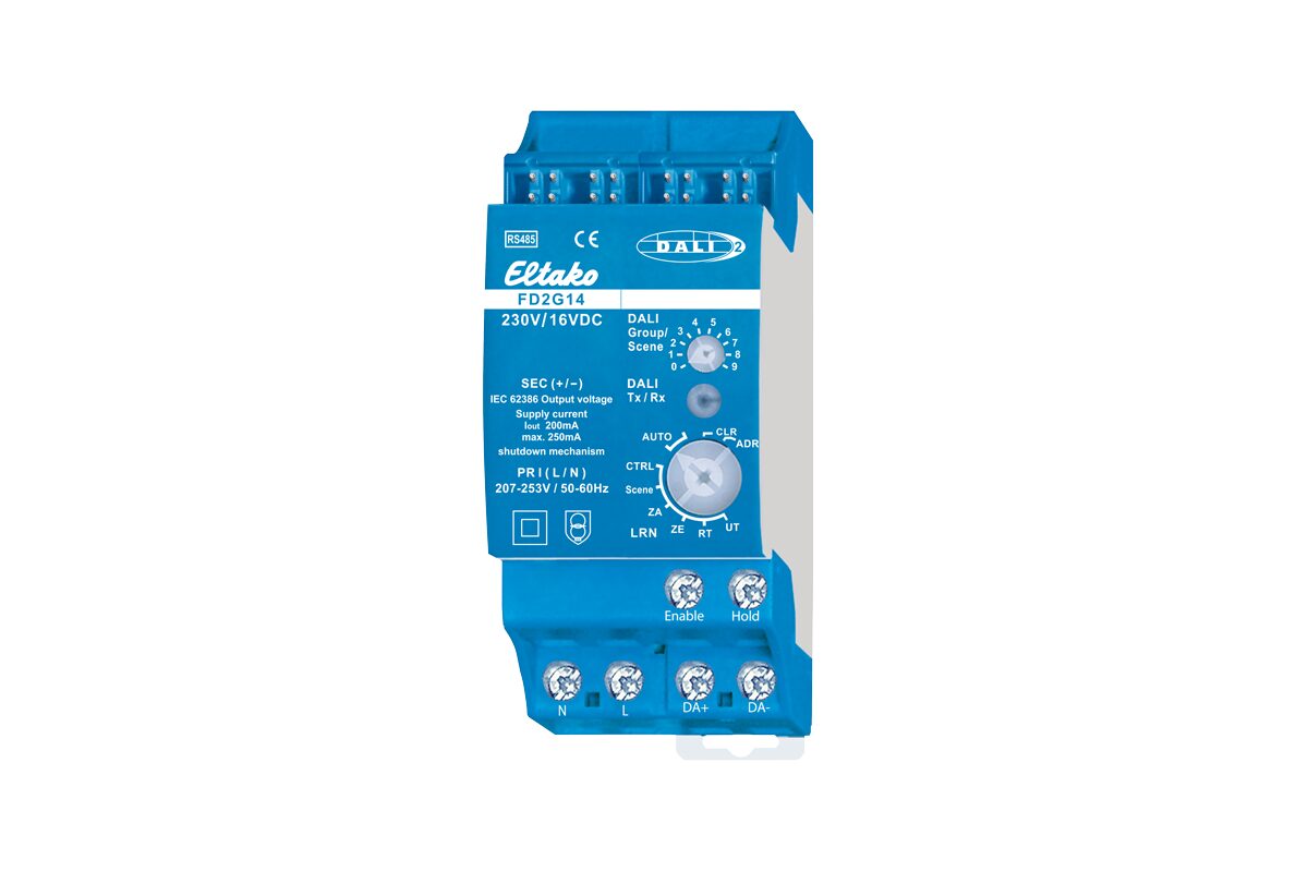 Blauwe DALI-2-gateway voor DIN-rail en RS485-bus