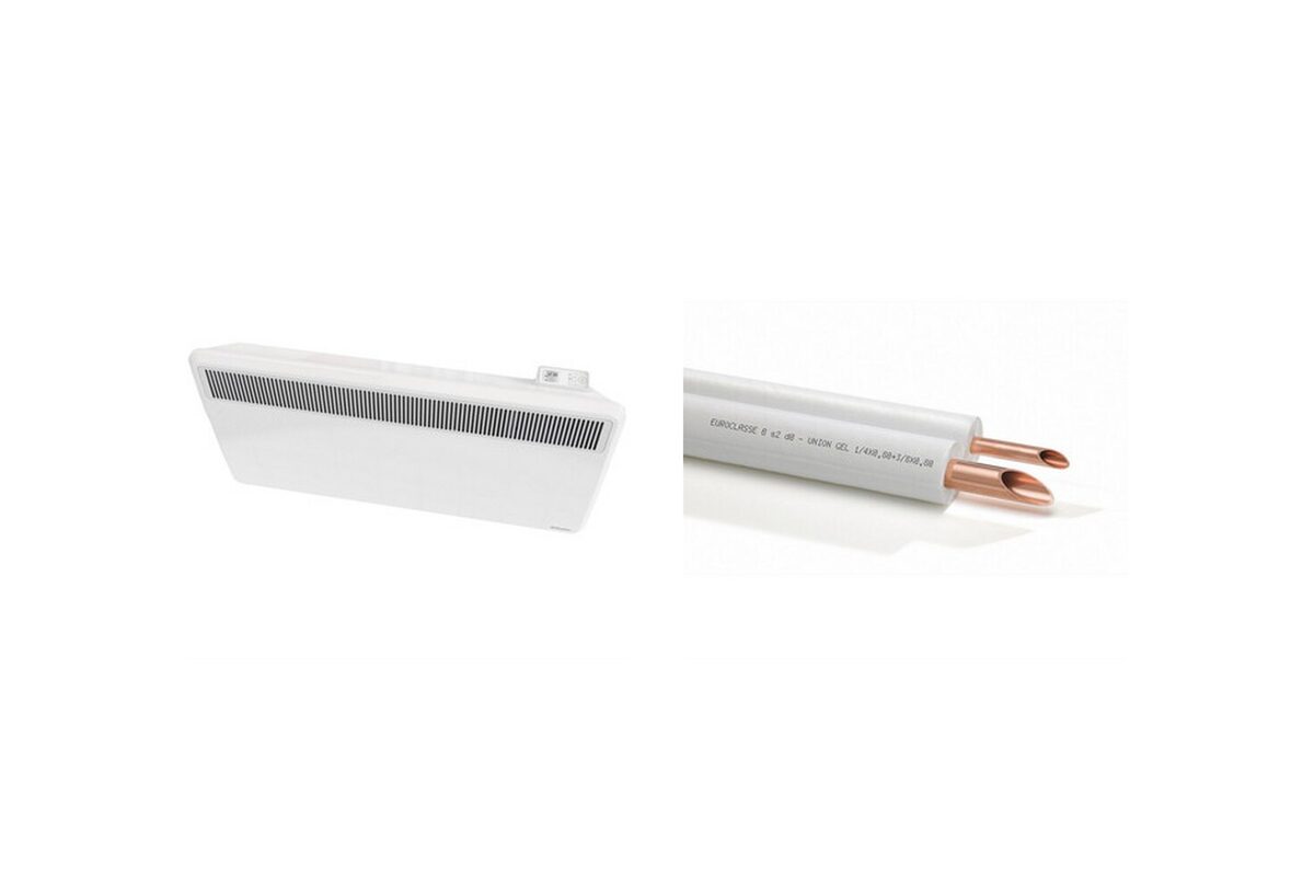 Witte elektrische convector en geïsoleerde koelleiding voor klimaatoplossingen