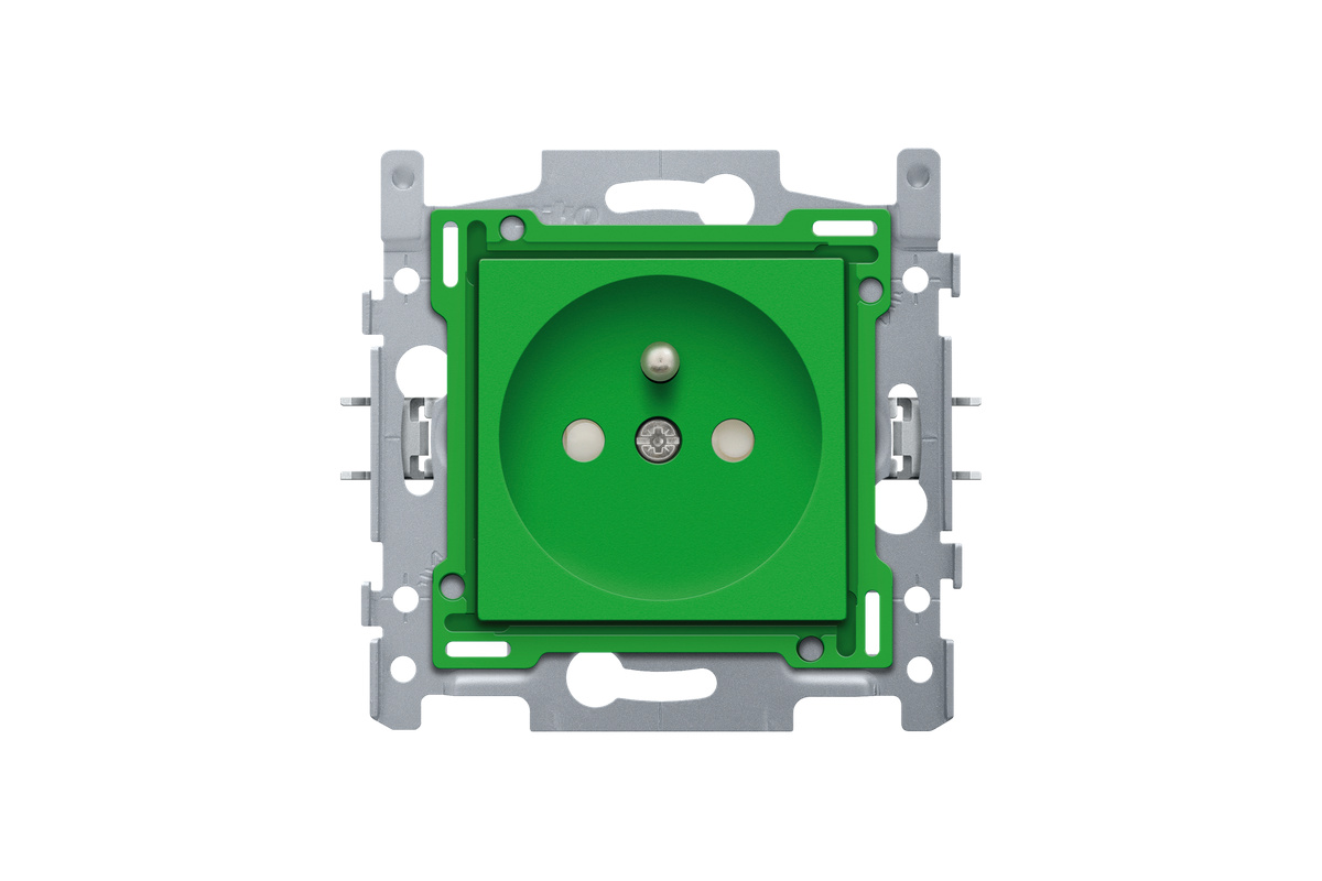 Groen inbouwstopcontact met penaarde en beschermingsafsluiters
