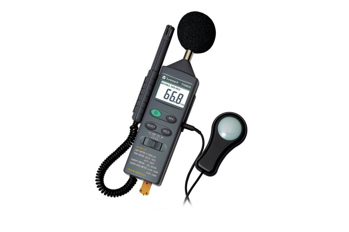 Multifunctionele omgevingsmeter met sensoren voor temperatuur, licht, vochtigheid en geluid