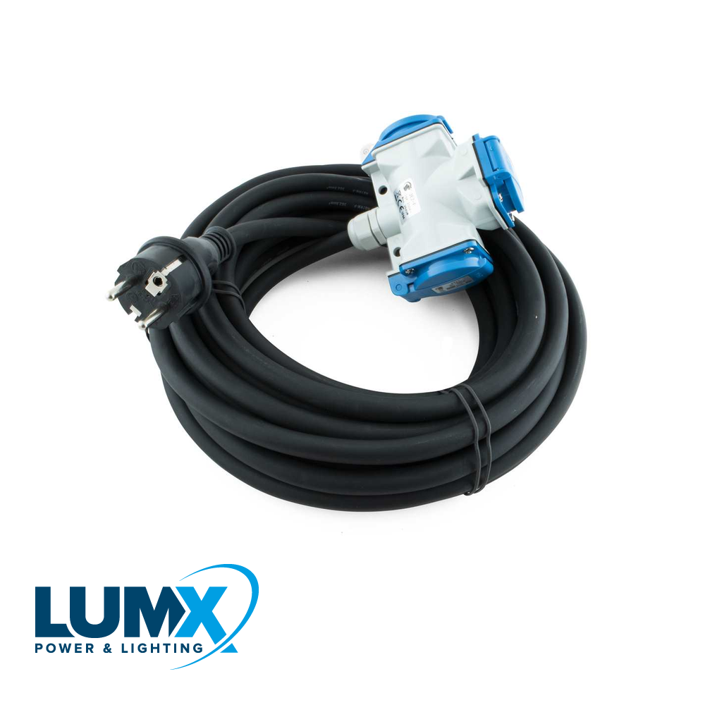 Driewegskoppelstekker met klapdeksels / IP 44 + 10 m H07RN-F