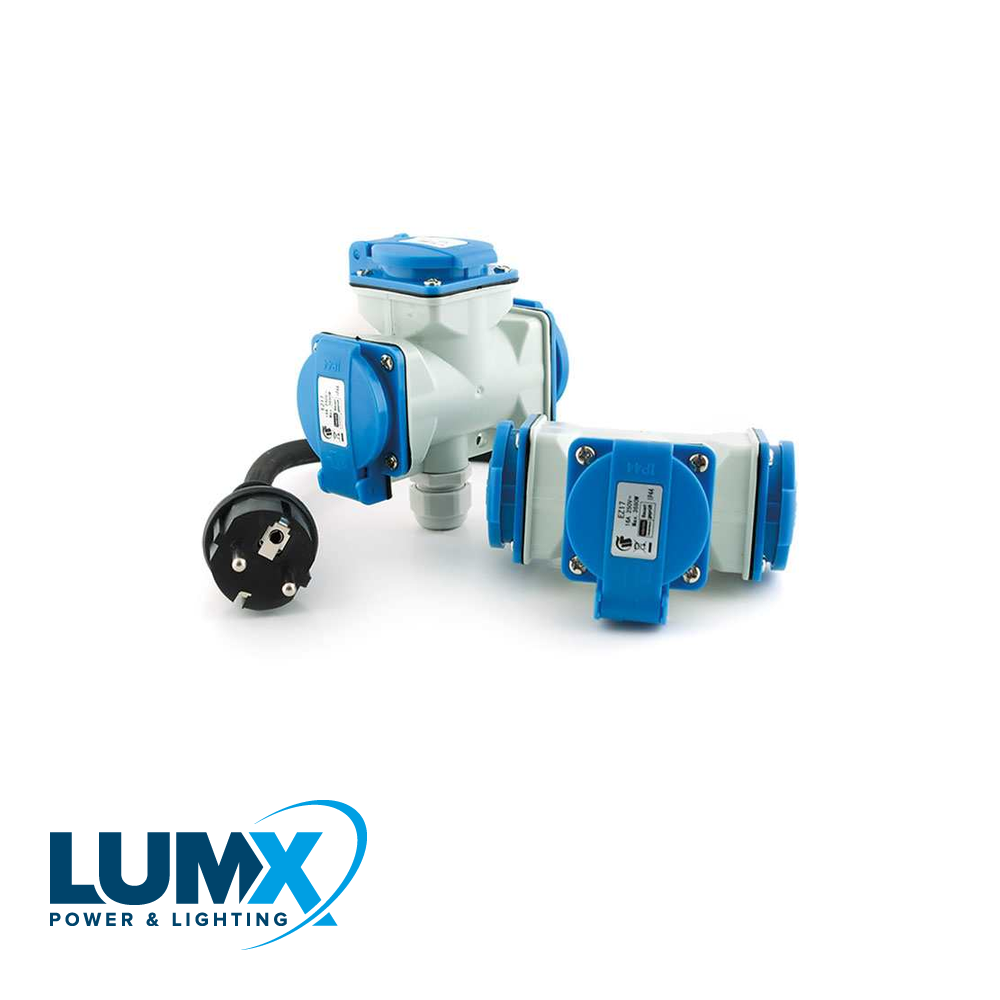 Driewegskoppelstekker met klapdeksels / IP 44 + 5 m H07RN-F