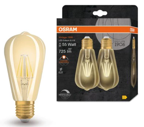LEDVANCE - OSRAM LED Lamp dimmbaar EDISON 6.5W Filament E27 (2 stuks) - 4058075754713
