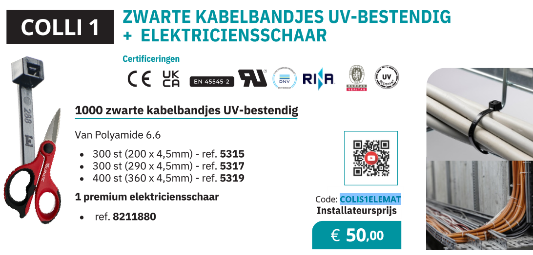 ELEMATIC - 1000 Zwarte kabelbandjes uv bestendig + elektriciensschaar - COLIS1ELEMAT