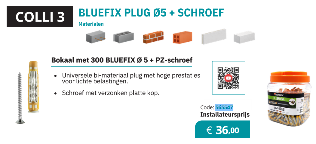 ELEMATIC - 300 x plug BLUEFIX VA 5 x 30mm + schroef PZ - 565547