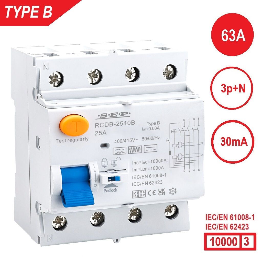 SEP - type B aardlekschakelaar 4 polig, 63A, 30mA en 10kA uits - 3112001610