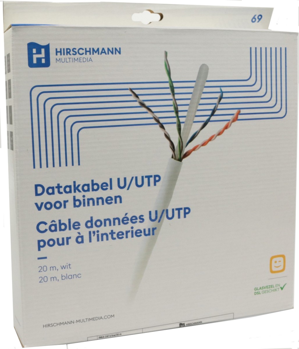Hirschmann 695020711: INKA CAT6 U/UTP PVC Eca 20 m shop, 20m witte CAT6 UTP datakabel voor binnen CPR klasse Eca