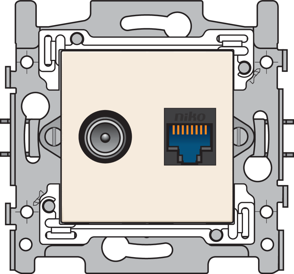 Niko 100-66258: Combinatie coax met RJ45-aansluiting UTP Cat. 6, klaar voor PoE++, vlakke uitvoering, incl. sokkel 60 x 71 mm met klauwbevestiging en afwerkingsset, cream Goedgekeurd Wyre (Telenet-Interkabel) en VOO - Image 2