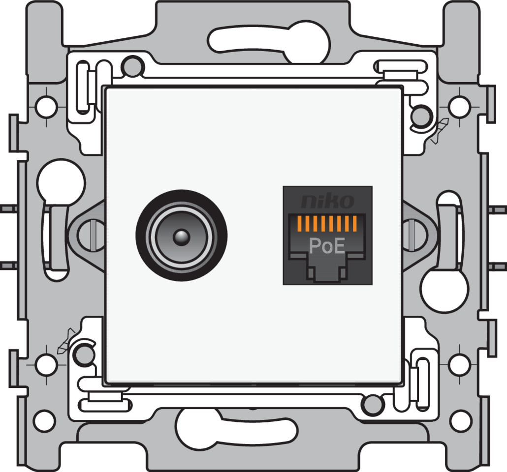 Niko 101-66358: Combinatie coax met RJ45-aansluiting UTP Cat. 6A, klaar voor PoE++, vlakke uitvoering, incl. sokkel 60 x 71 mm met klauwbevestiging en afwerkingsset, white Goedgekeurd Wyre (Telenet-Interkabel) en VOO - Image 2