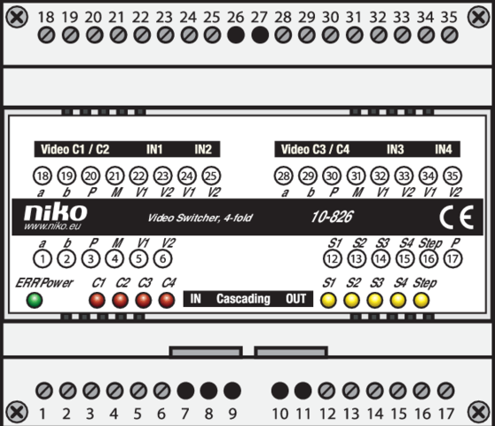 Niko 10-826: Niko Toegangscontrole - modulaire switcher voor het sturen van het videosignaal van 4 buitenposten of externe camera's naar 1 uitgang