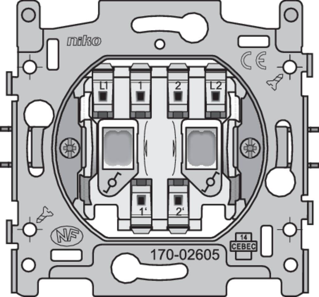 Niko 170-02605: Sokkel voor dubbele wisselschakelaar, 10 AX/250 Vac, insteekklemmen - Image 2
