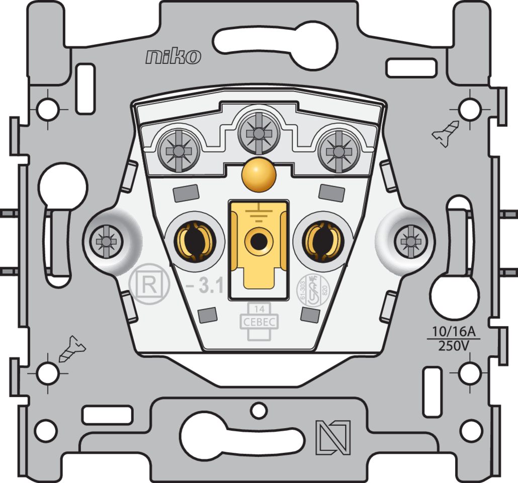 Niko 170-32100: Sokkel voor stopcontact met penaarde en beschermingsafsluiters, inbouwdiepte 21 mm, 16 A/250 Vac, schroefklemmen - Image 2