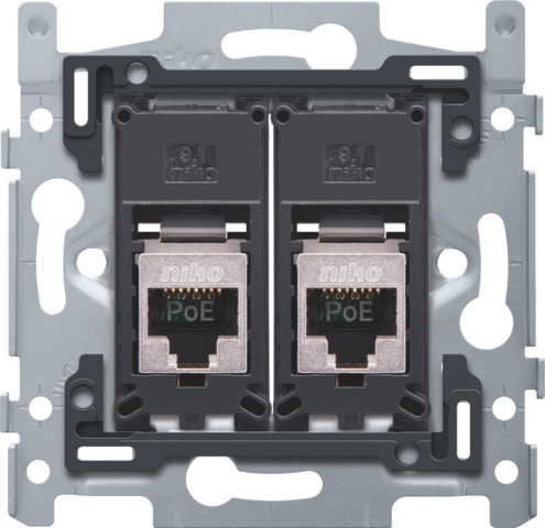 Niko 170-66256: 2 RJ45-aansluitingen STP Cat. 5E, klaar voor PoE++, vlakke uitvoering, incl. sokkel 60 x 71 mm met schroefbevestiging