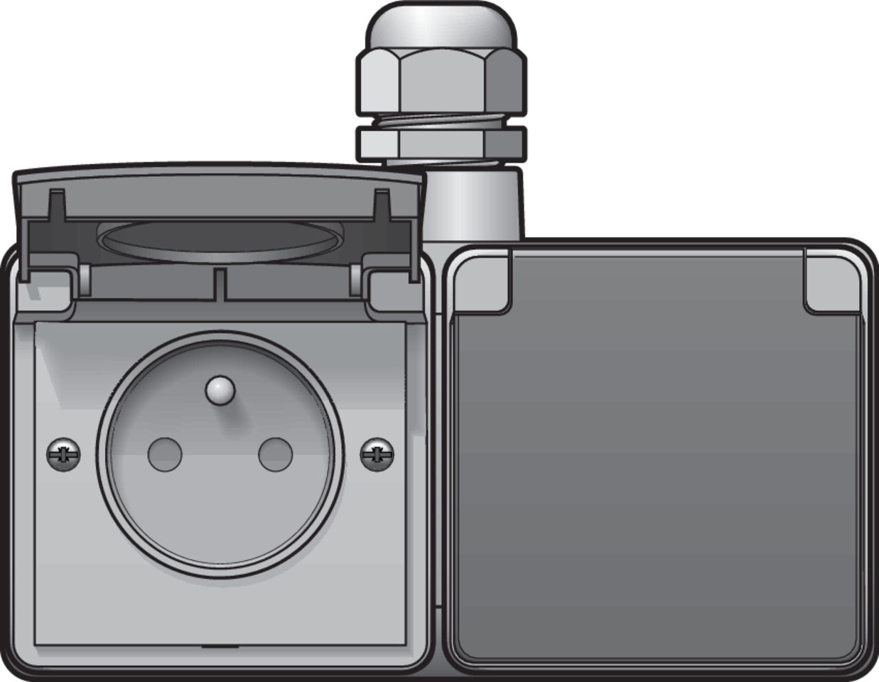 Niko 700-37753: Spuitwaterdicht dubbel horizontaal stopcontact met penaarde, beschermingsafsluiters en insteekklemmen – inclusief opbouwdoos met één ingang bovenaan, grijs - Image 2