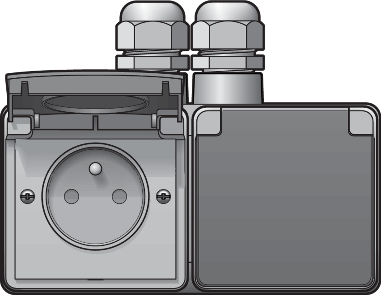 Niko 700-37754: Spuitwaterdicht dubbel horizontaal stopcontact met penaarde, beschermingsafsluiters en insteekklemmen – inclusief opbouwdoos met twee ingangen bovenaan, grijs - Image 2
