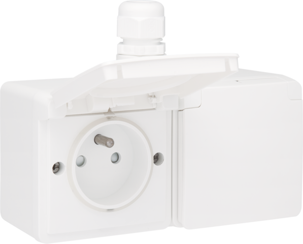 Spuitwaterdicht dubbel horizontaal stopcontact met penaarde,