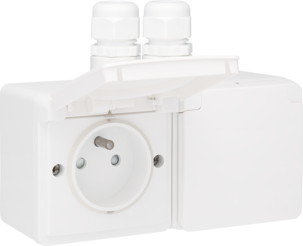 Spuitwaterdicht dubbel horizontaal stopcontact met penaarde,